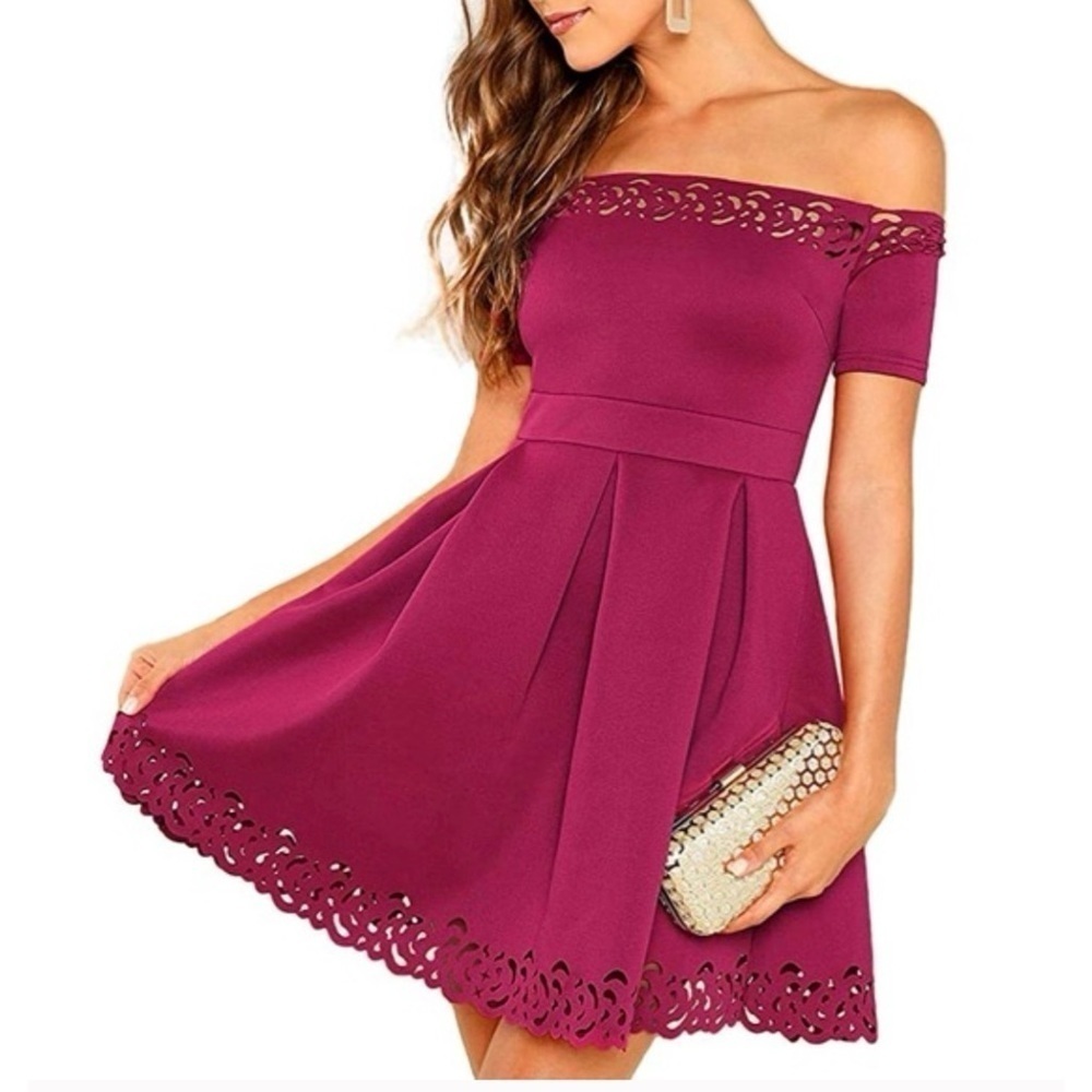 Shein Red Dress Off shoulder Laser cut cocktail party skater scuba dressy Medium